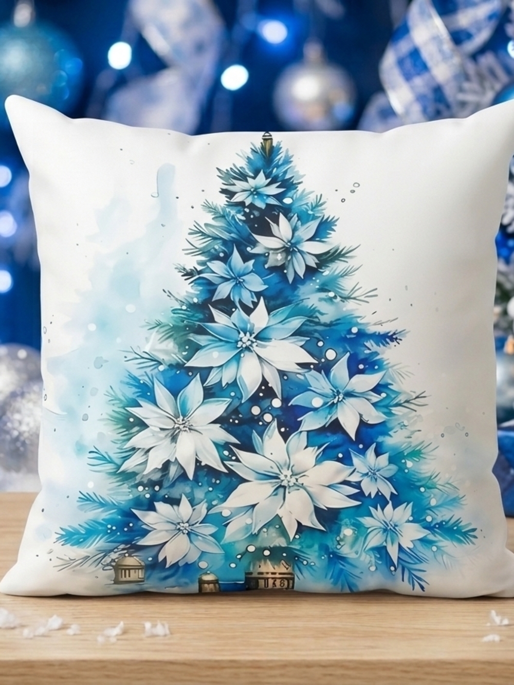 Blue & White Poinsettia Christmas Tree Decorative Pillow Cover 18x18